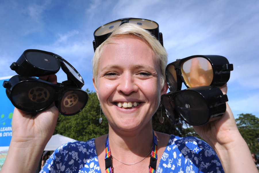 The Oxford Health Charity's Healthfest 2019 at The Warneford Hospital, Oxford. Rebecca Elsworth with glasses which simulate various eye conditions.