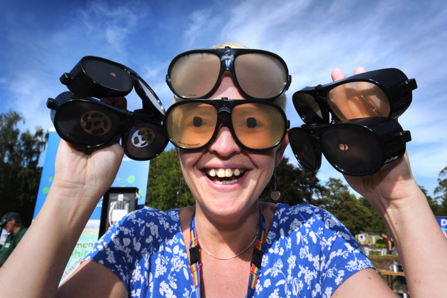 The Oxford Health Charity's Healthfest 2019 at The Warneford Hospital, Oxford. Rebecca Elsworth with glasses which simulate various eye conditions.