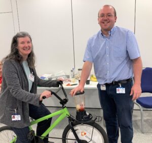 Michelle Fischer and David Harley on a smoothie making bike